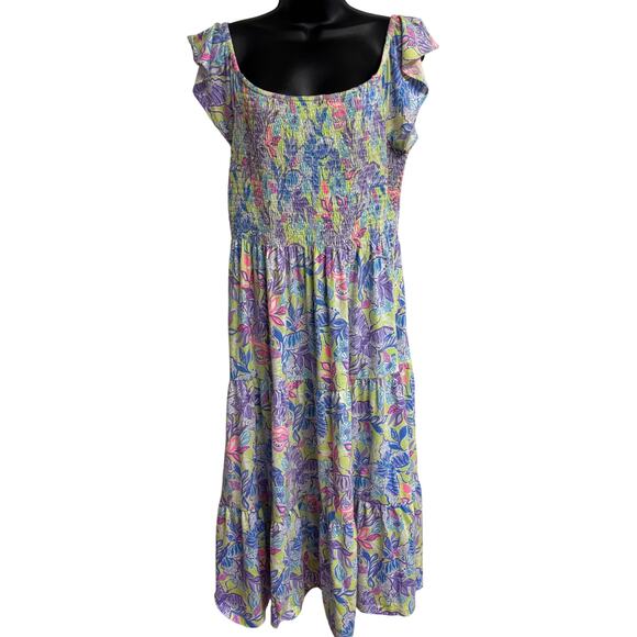 Lilly Pulitzer Dresses & Skirts - Lilly Pulitzer Womens Size XL Floral Smocked Dress Flutter Sleeve Cotton EUC